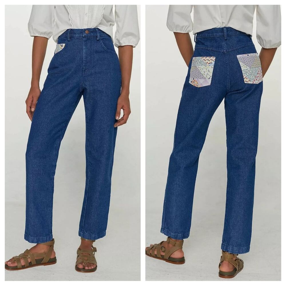 Carleen x Anthropologie | Women’s Floral Straight Jeans Blue Denim Patchwork 27
